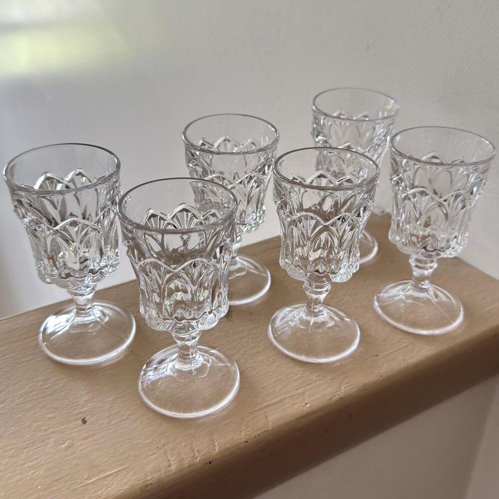 Heavy Pressed Glass Gothic Arch & Cathedral Stemware Short Cordial Glasses 6 Pcs
